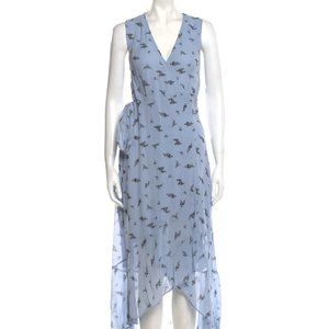 Ganni Light Blue Floral Print Midi Length V neck Sleeveless Wrap Dress US6, DK36